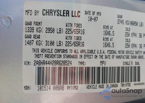 2008 Chrysler Town & Country Lx z USA, uszkodzony, nr VIN 2A8HR44H28R628524